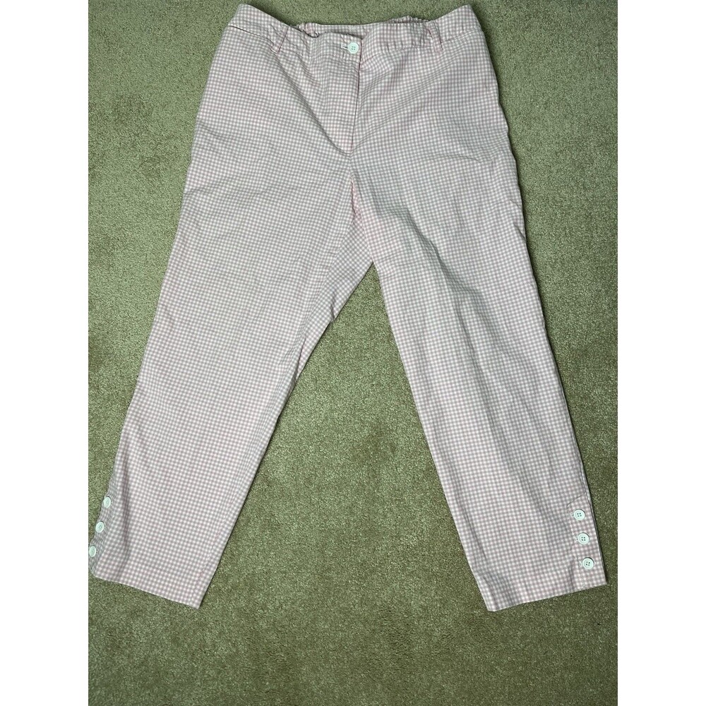 Talbots Perfect Crop Pants 16W Pink White Gingham Check Stretch Button Preppy